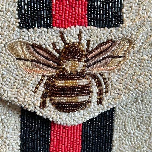 Tiana Handmade Beaded Clutch Handbag in Red White Blue with Bee Accent and Chain - Picture 5 of 7